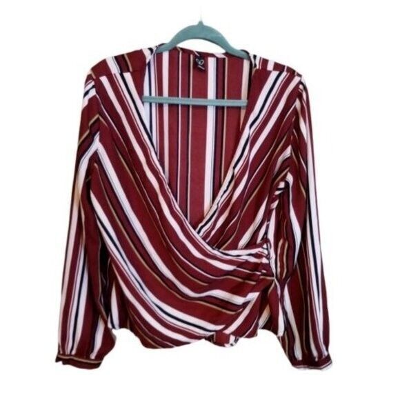 Windsor Womens Sz L Red White Striped Long Sleeve Overlap Blouse - Picture 1 of 10